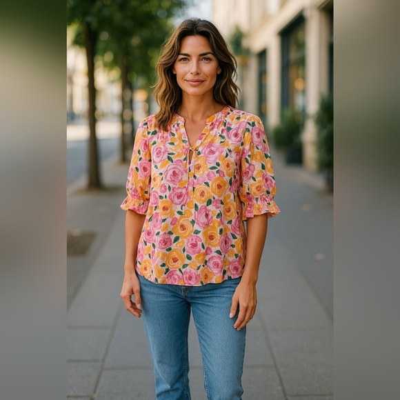 *NWT* PLEIONE vibrant floral Chiffon Blouse,sz XL - Picture 1 of 7